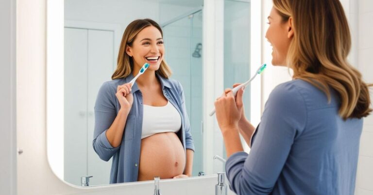 Pregnant woman using toothbrush and toothpaste.