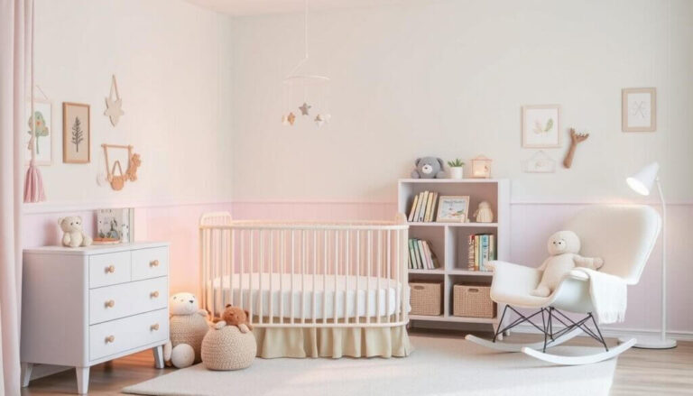 A beautifully decorated baby nursery with soft pastel colors, a crib, a rocking chair, and plush toys