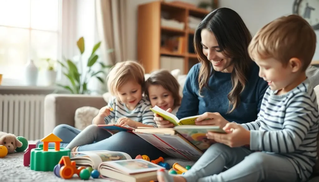 A mother reading a book to her three young children in a cozy living room filled with toys.